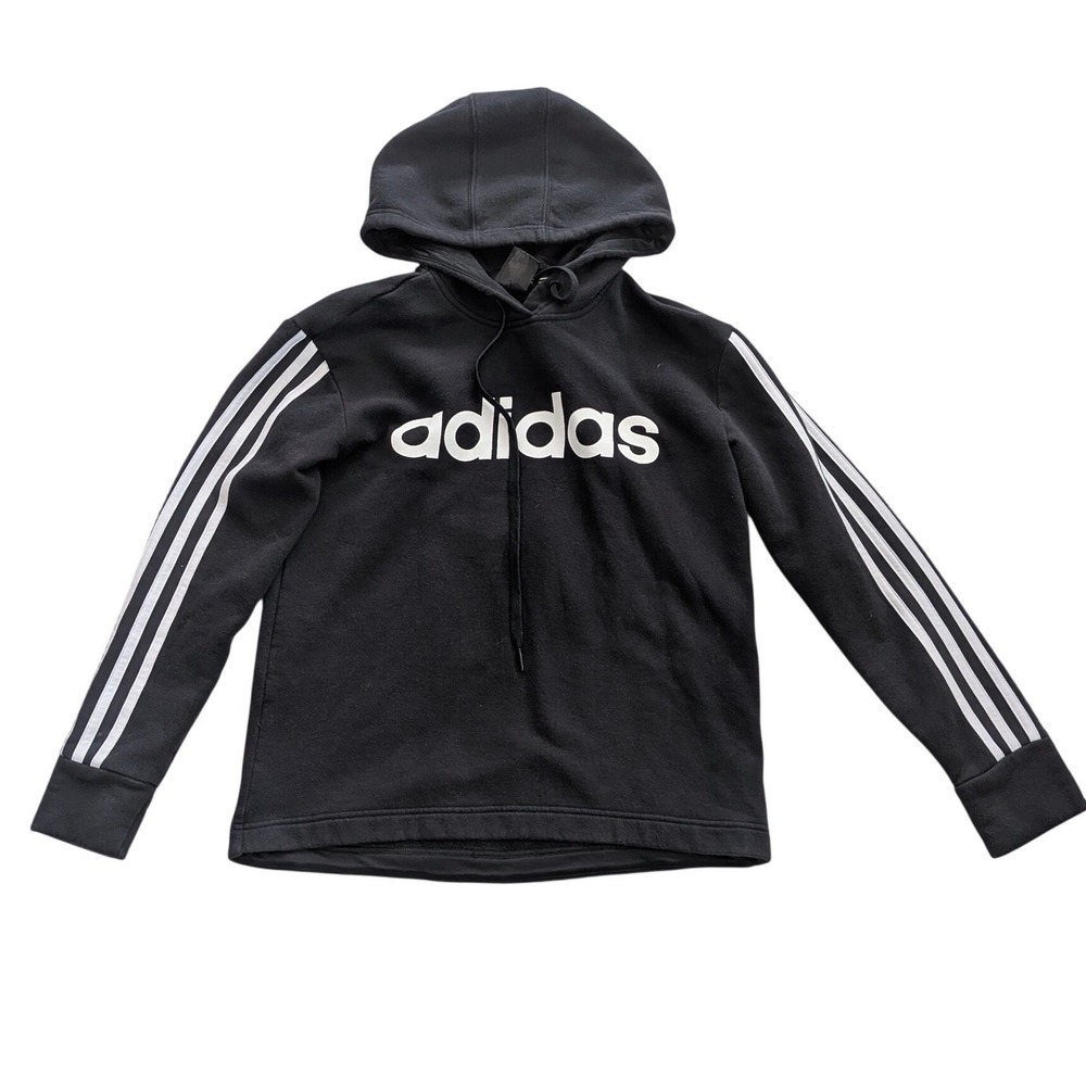 ADIDAS Essentials Linear Logo Hoodie Black White Stripes Womens Sz SMALL Sporty